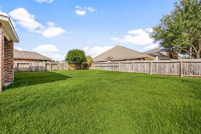 a view of a yard with a large tree in front of it