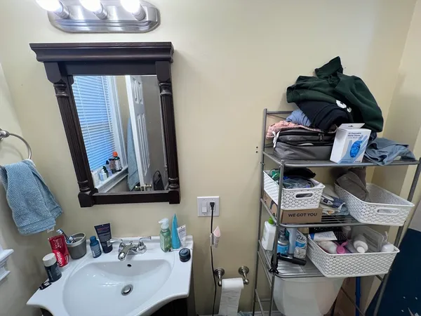a bathroom with a sink and a mirror
