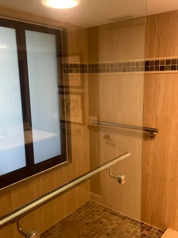 a view of a bathroom with a shower