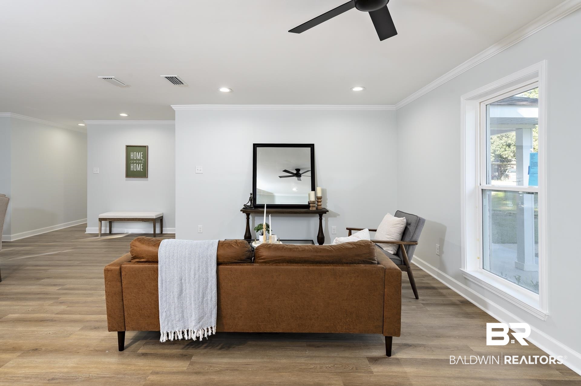 6001 Camp Halls Mill Road Mobile, AL 36619 - Photo 5 of 52 Living room with a ceiling fan, light wood-style floors, crown molding, and recessed lighting