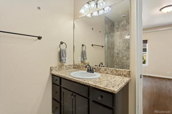 a bathroom with a granite countertop sink a mirror and a shower