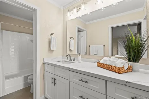a bathroom with a double vanity sink a mirror and a shower