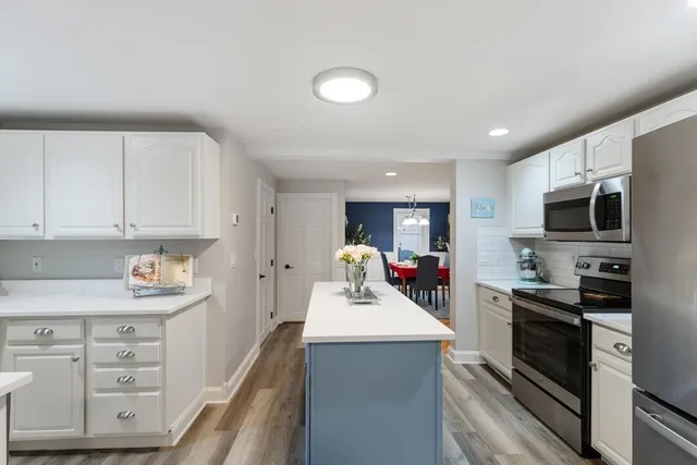 a kitchen with counter top space cabinets and stainless steel appliances