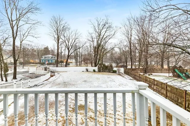 a view of tall trees with a yard