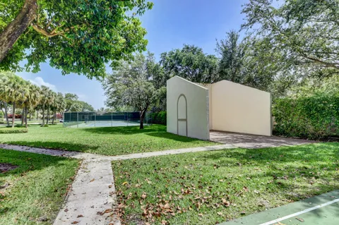 a view of a bench in a garden
