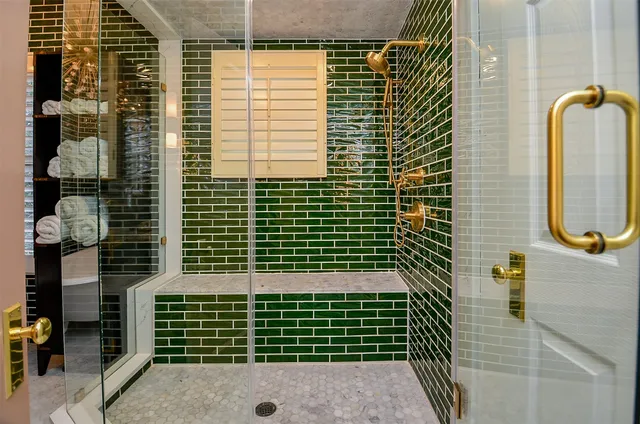 a view of a bathroom with a shower