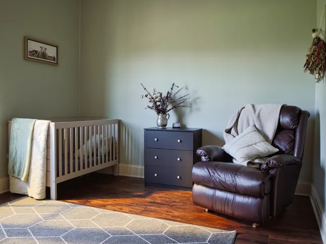 a view of a room with wooden racks