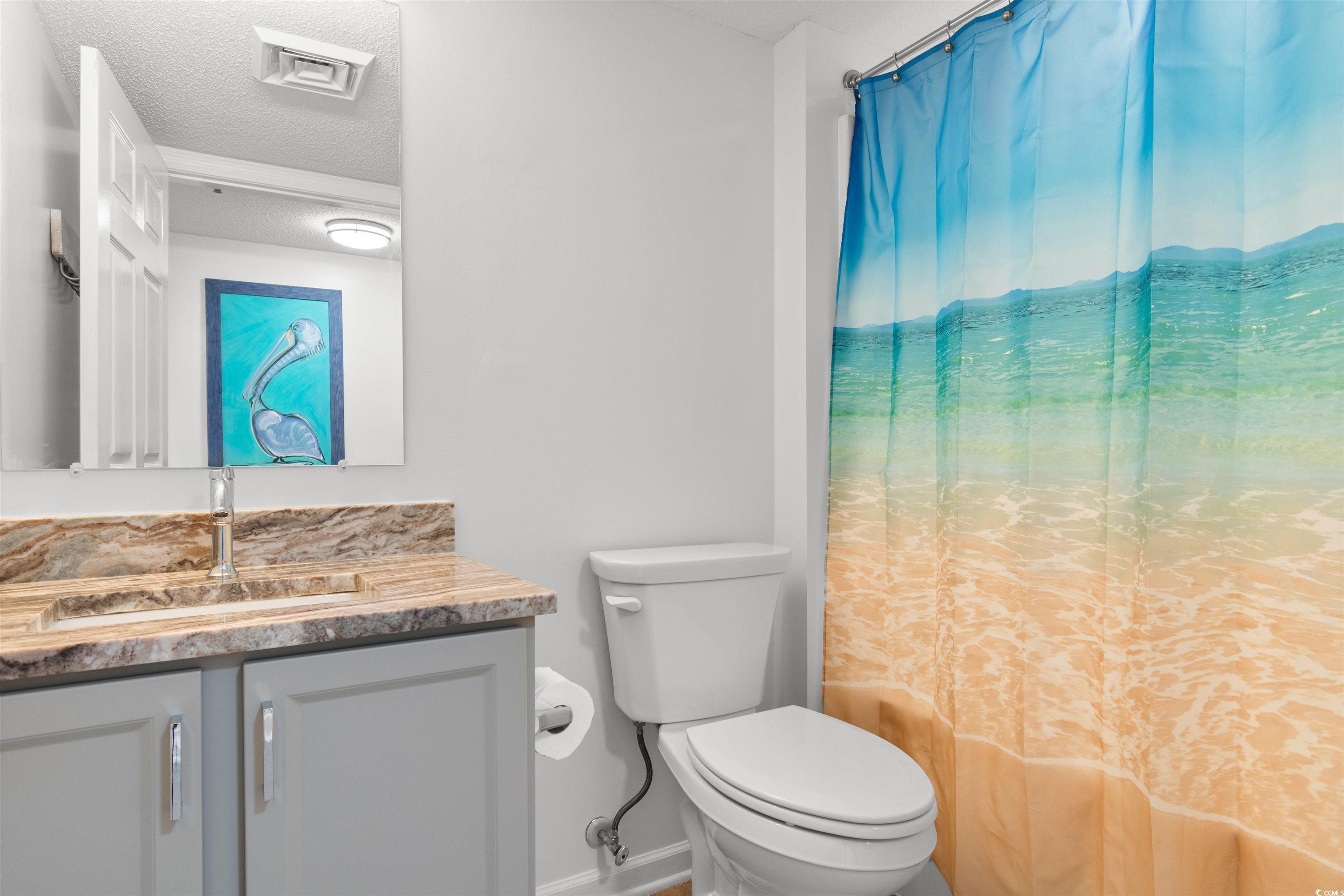1625 South Ocean Boulevard, Unit 1603 North Myrtle Beach, SC 29582 - Photo 22 of 39 Full bath featuring vanity, a textured ceiling, and shower / bath combo with shower curtain