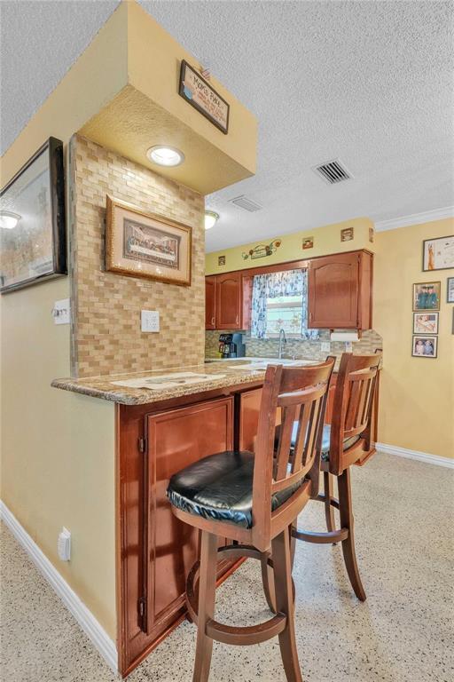 7613 Clover Lane Watauga, TX 76148 - Photo 12 of 36 Bar with wood finish cabinets, a textured ceiling, dark speckled floor, light stone counters, and crown molding