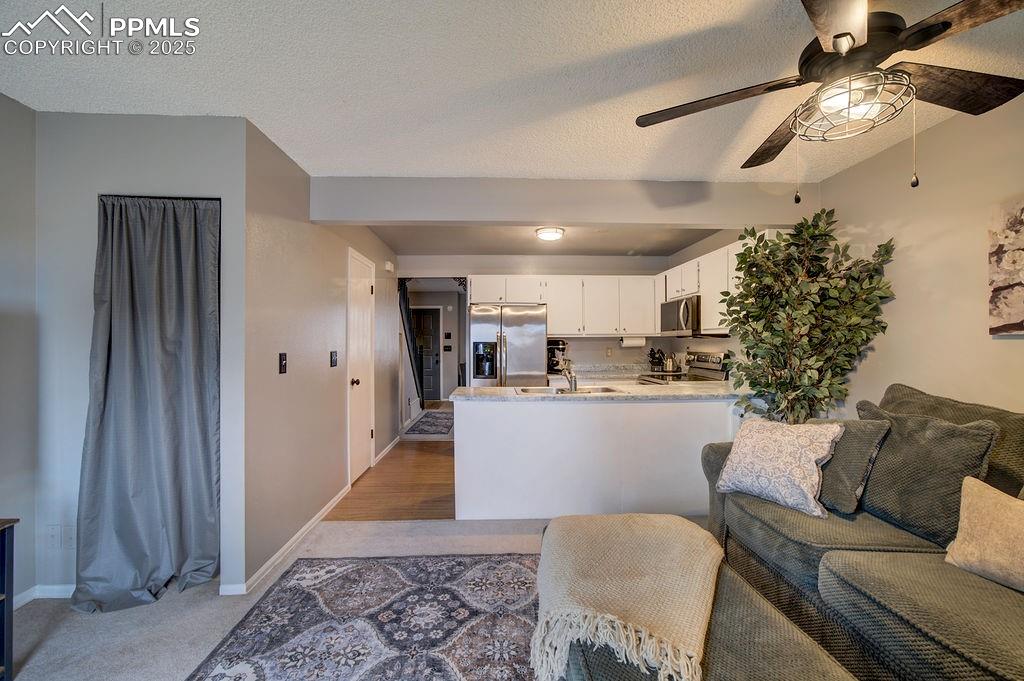2012 Erin Loop Colorado Springs, CO 80918 - Photo 17 of 48 a living room with stainless steel appliances furniture a rug and a kitchen view