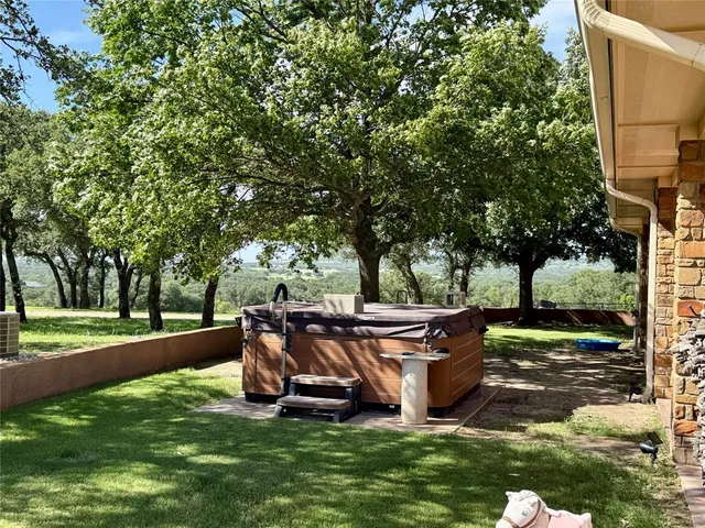 a view of a park with large trees