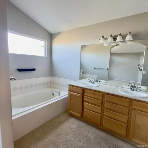 a bathroom with a tub sink and mirror