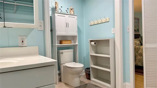 a bathroom with a toilet a sink and a mirror