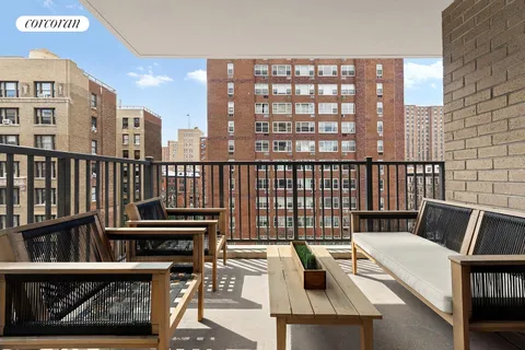 a view of a balcony with wooden floor