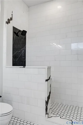 a bathroom with a shower and a toilet