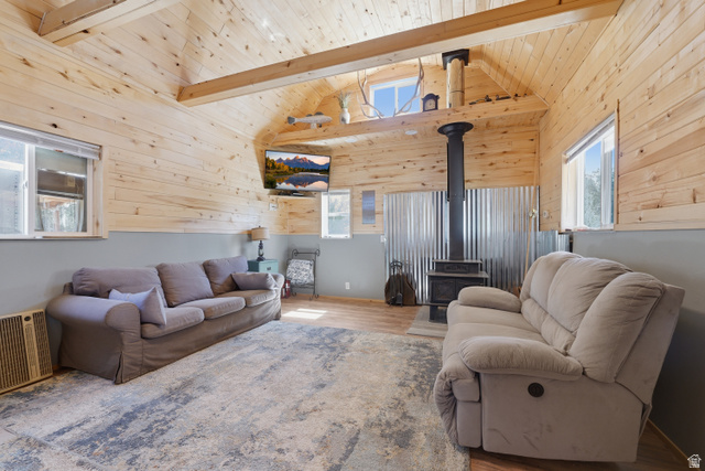 Vaulted wood plank ceiling, exposed structural beams, wood-finish flooring, and a wood-burning stove with corrugated metal backing
