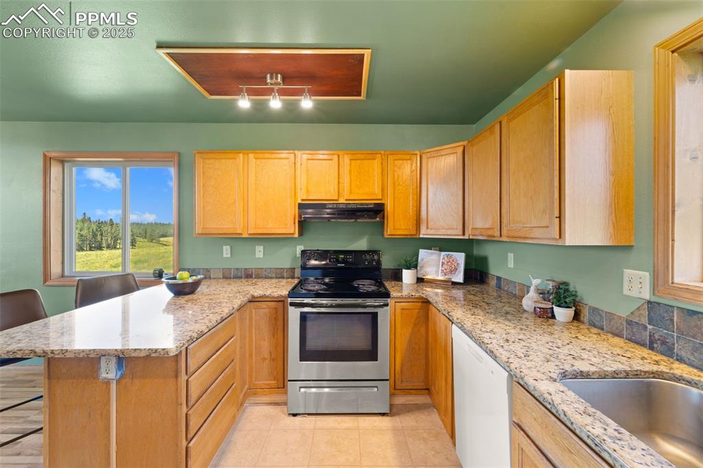 428 Ridge Drive Divide, CO 80814 - Photo 19 of 49 a kitchen with stainless steel appliances granite countertop a stove a sink and a microwave