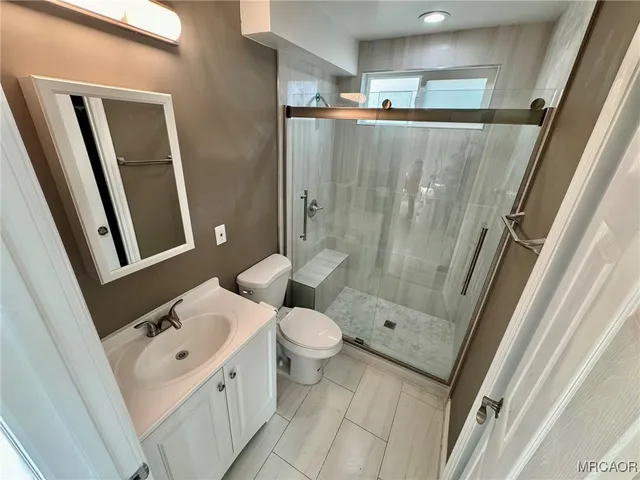 a bathroom with a sink a toilet a mirror and shower