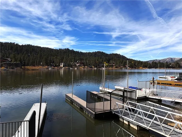 a view of a lake with a terrace
