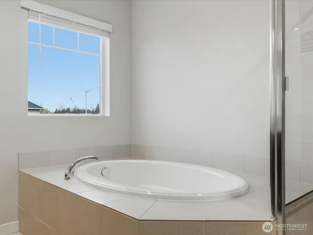 a bathroom with a tub double vanity sink and mirror