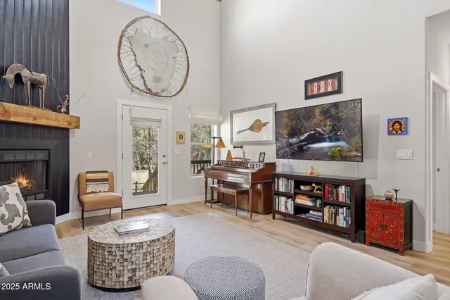 a living room with furniture and a book shelf