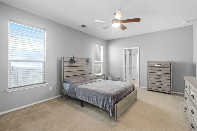 a bedroom with a bed and ceiling fan