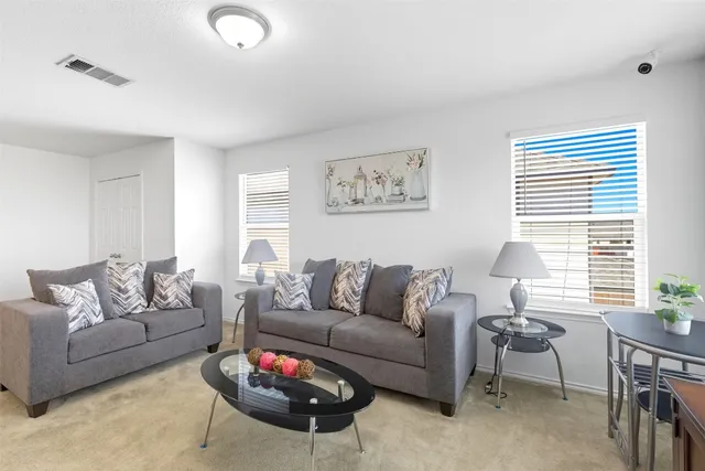 a living room with furniture a rug and a window