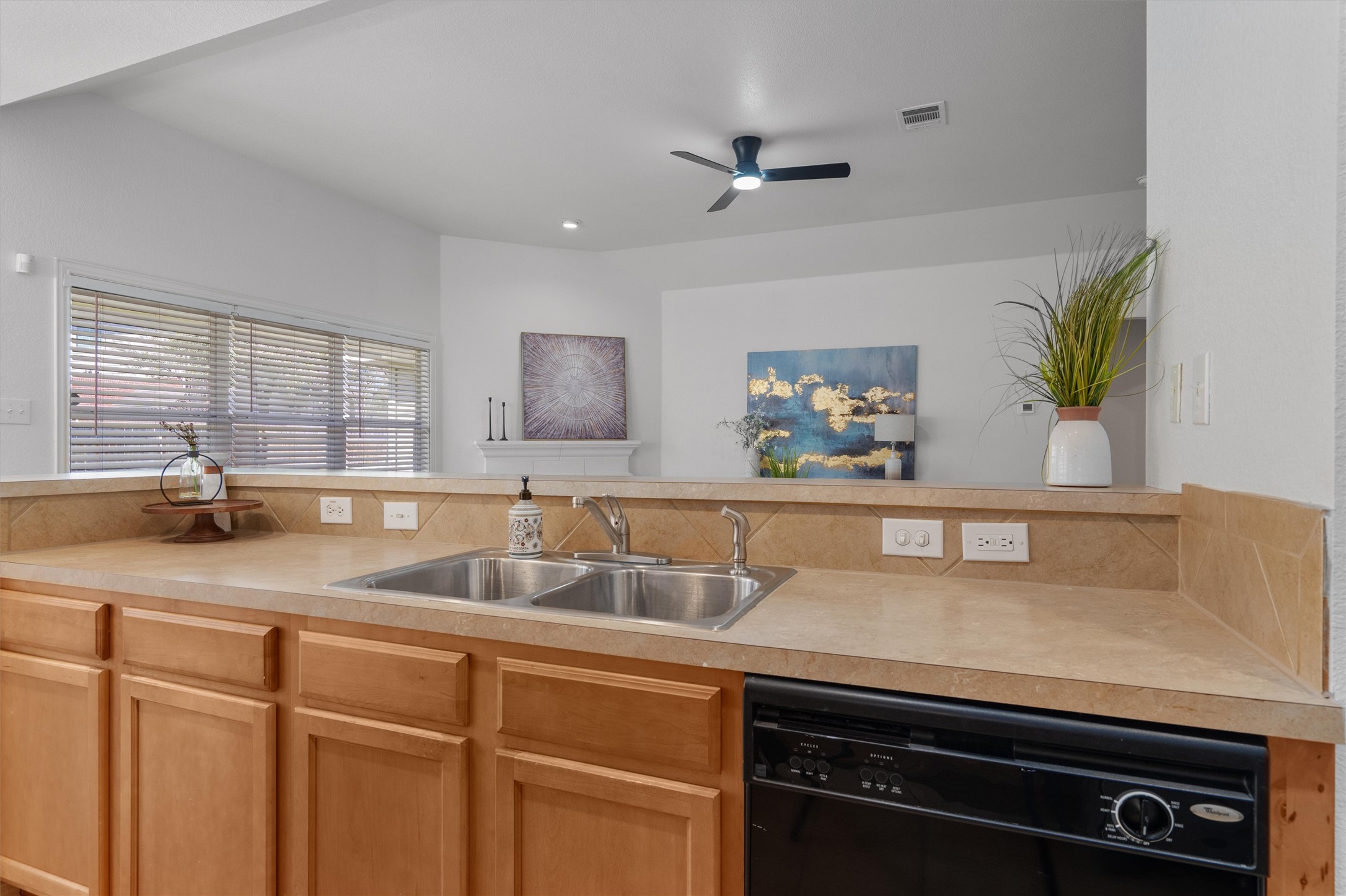2801 Kickapoo Cavern Drive Pflugerville, TX 78660 - Photo 16 of 38 Kitchen with light countertops, black dishwasher, ceiling fan, light wood finish cabinetry, and recessed lighting