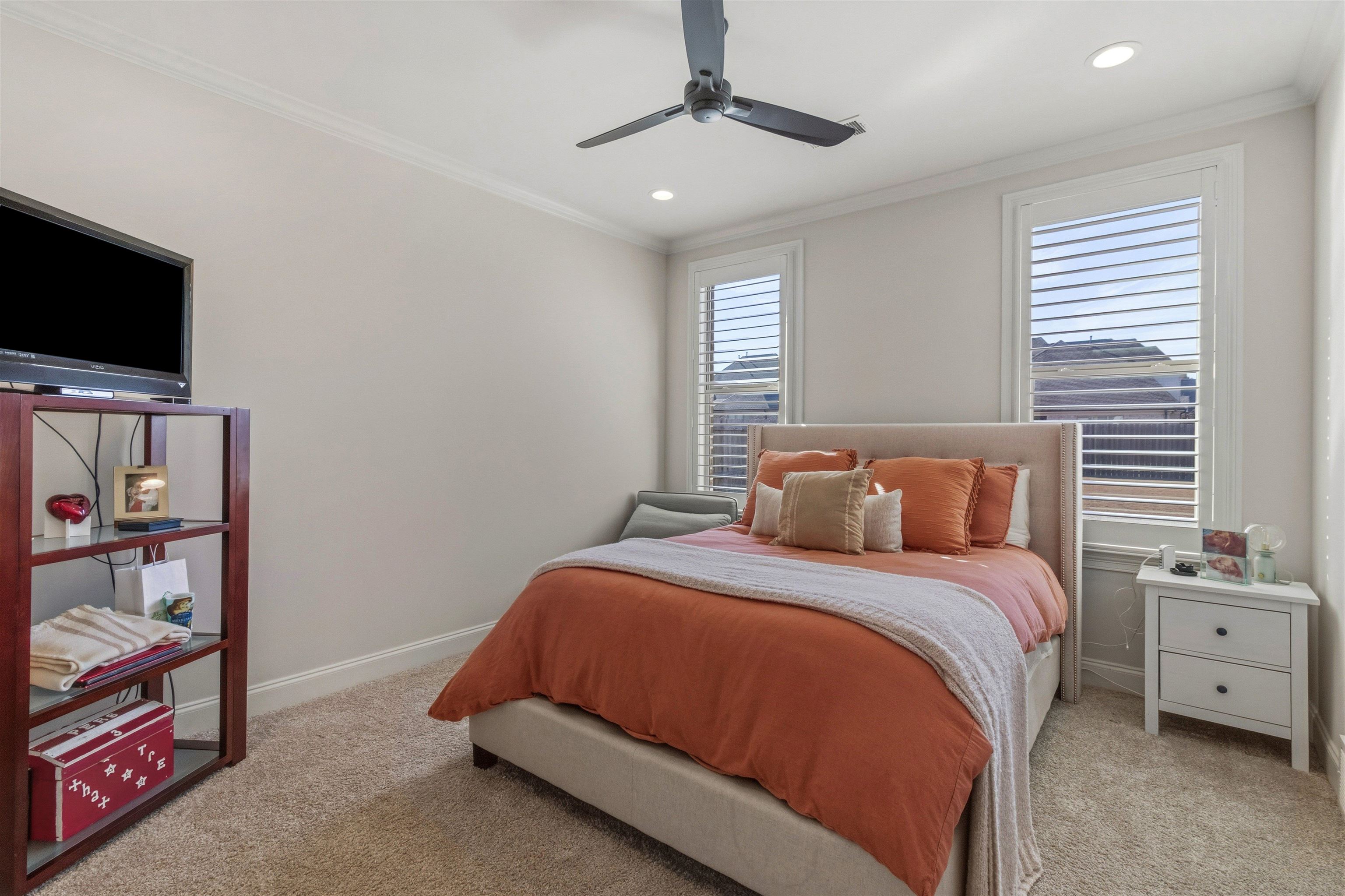 4757 Carousel Lane Collierville, TN 38017 - Photo 24 of 39 Bedroom with light carpet, crown molding, a ceiling fan, and recessed lighting