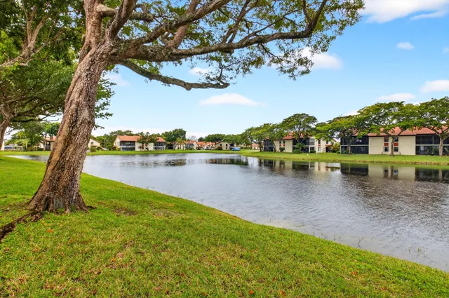 a view of a lake with houses in the back