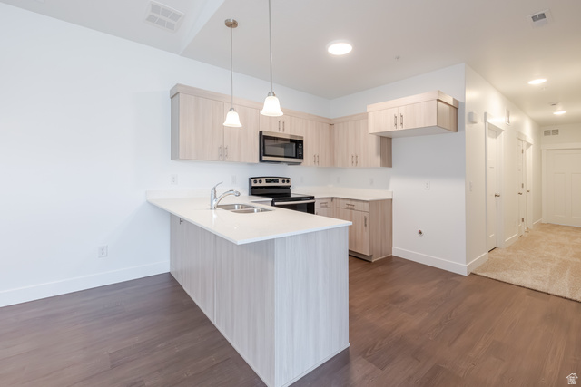 693 West 4500th South, Unit O302 Mapleton, UT 84664 - Photo 12 of 16 Kitchen featuring light wood finish cabinets, a peninsula, dark wood-type flooring, and stainless steel appliances
