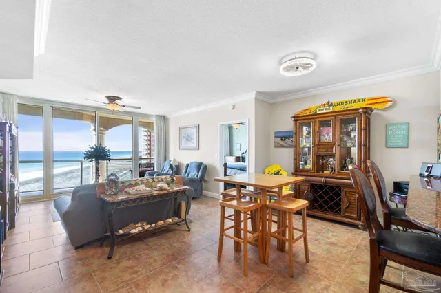 a living room with furniture and a table
