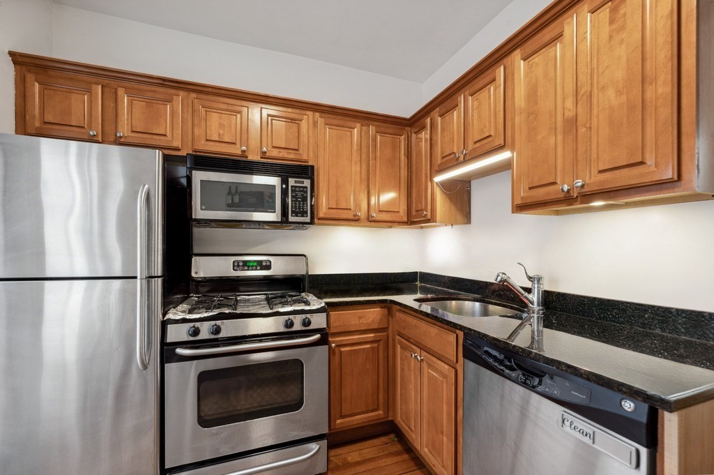 221 Shurtleff Street, Unit 1 Chelsea, MA 02150 - Photo 6 of 16 a kitchen with granite countertop a refrigerator stove and microwave