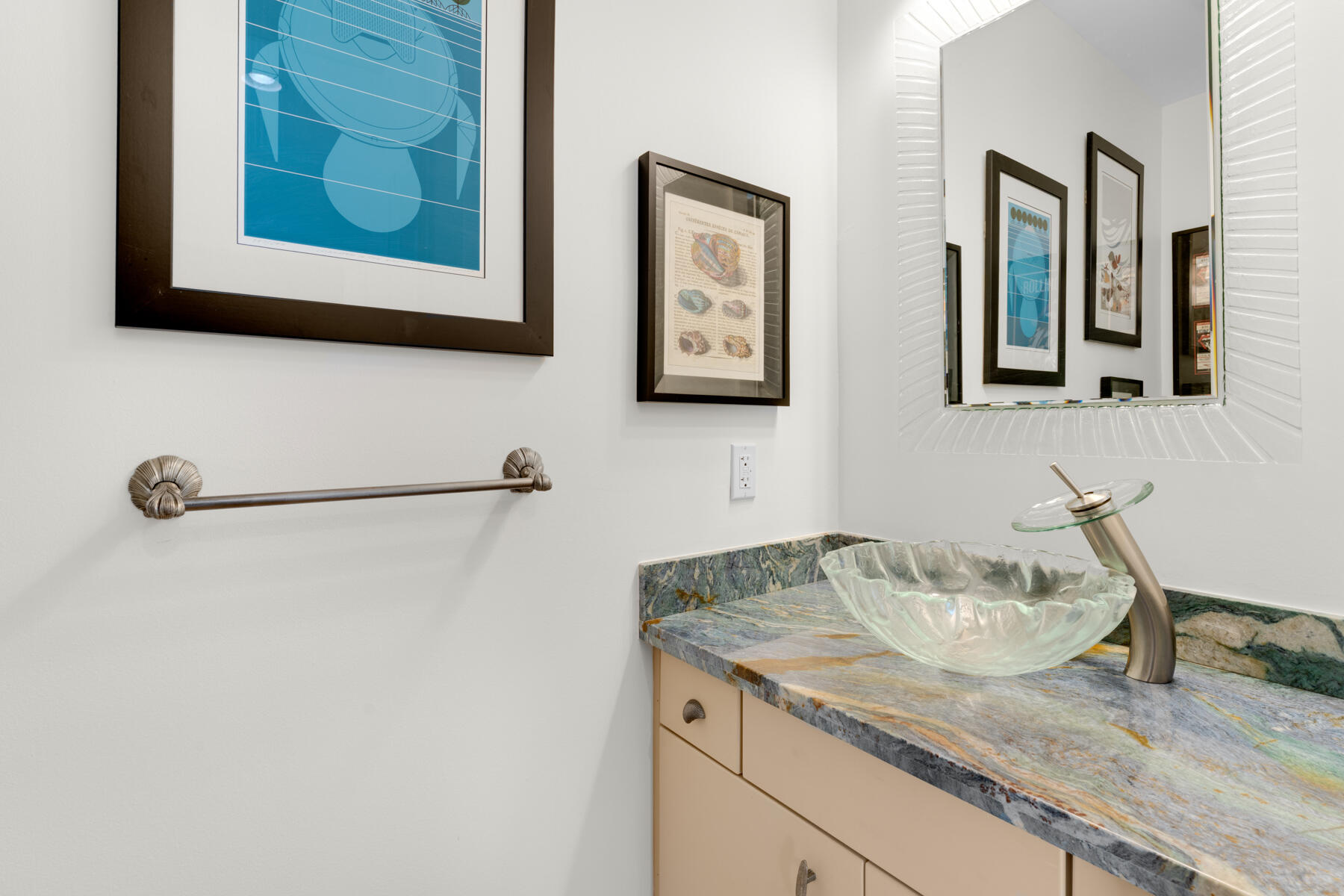 144 North Rolling Hill Road Tavernier, FL 33070 - Photo 17 of 80 a bathroom with a granite countertop sink and a mirror