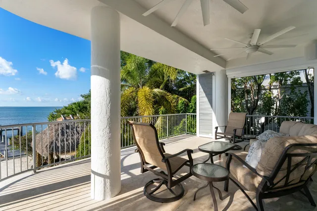 a view of a lake with couches and city view