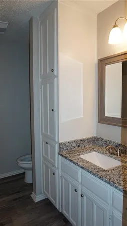 a bathroom with a granite countertop sink and a mirror