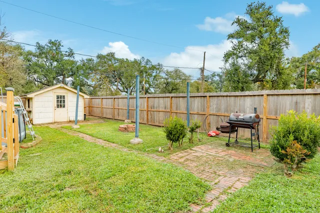 a garden view with a seating space