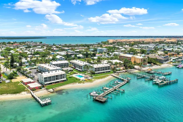 an aerial view of a residential houses with outdoor space and lake view