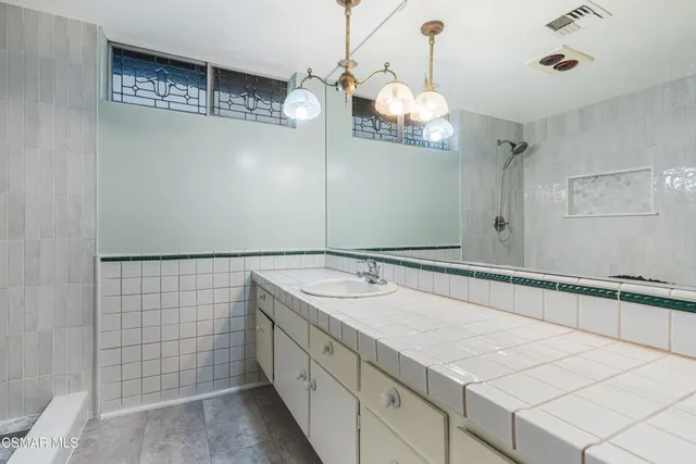 a bathroom with a sink a large mirror and a shower