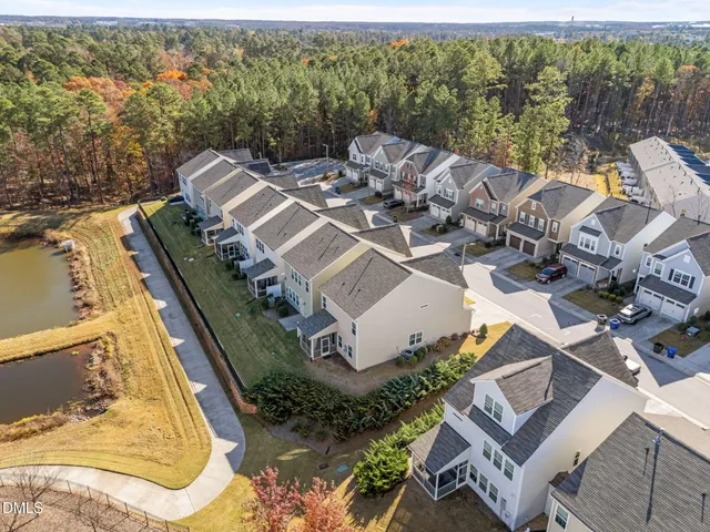 an aerial view of a house with a garden