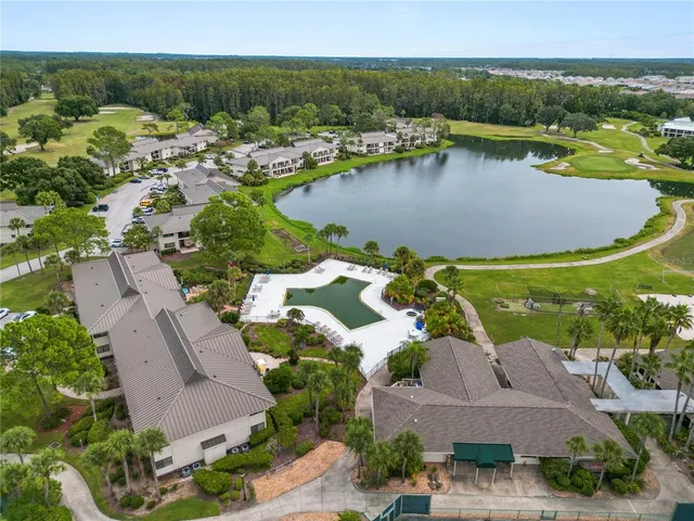 an aerial view of residential houses with outdoor space and lake view