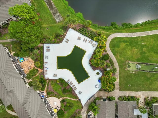 an aerial view of a swimming pool