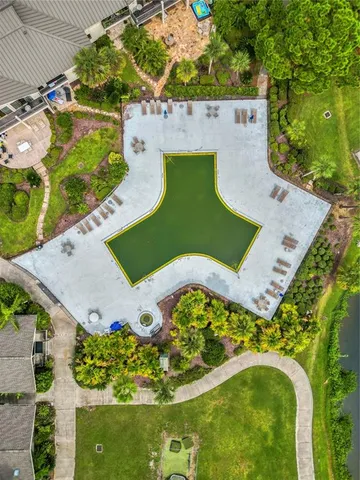 an aerial view of a swimming pool