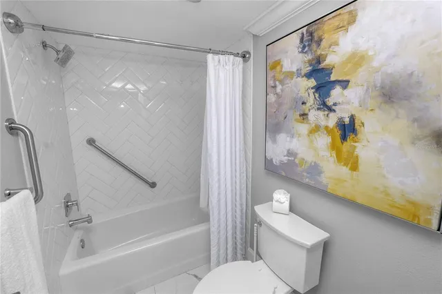 a bathroom with a shower and a toilet