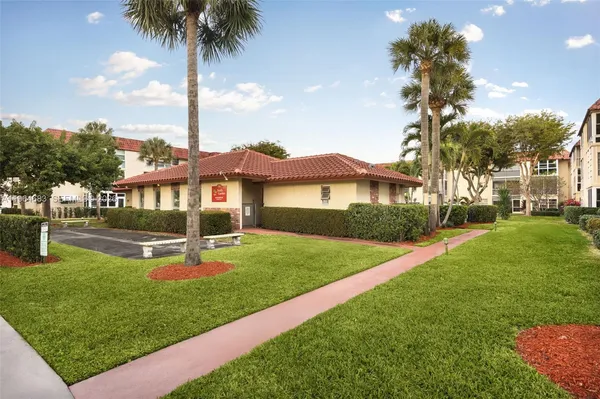 a view of a park with large trees