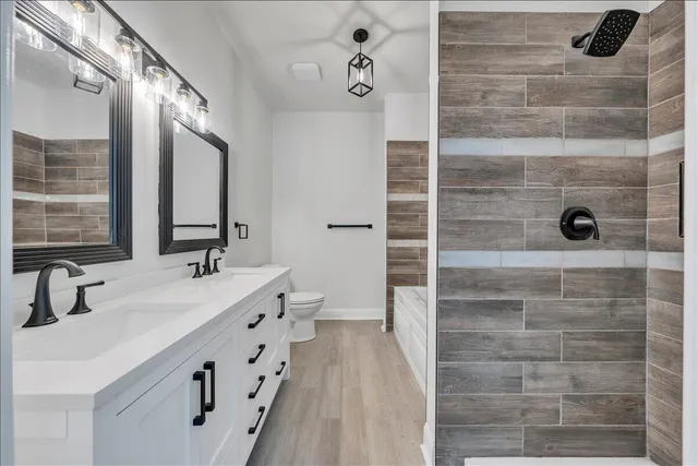 a bathroom with a double vanity sink a toilet a mirror and shower