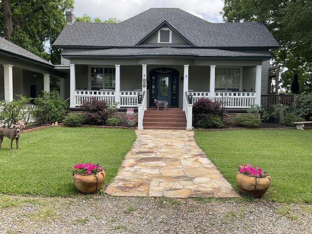 a front view of a house with a garden and plants