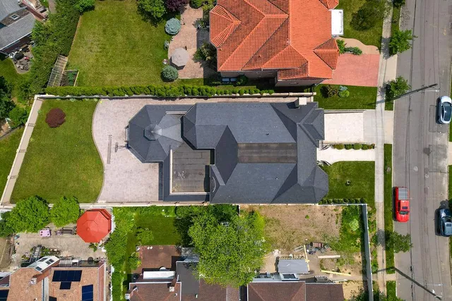 a aerial view of a house with garden
