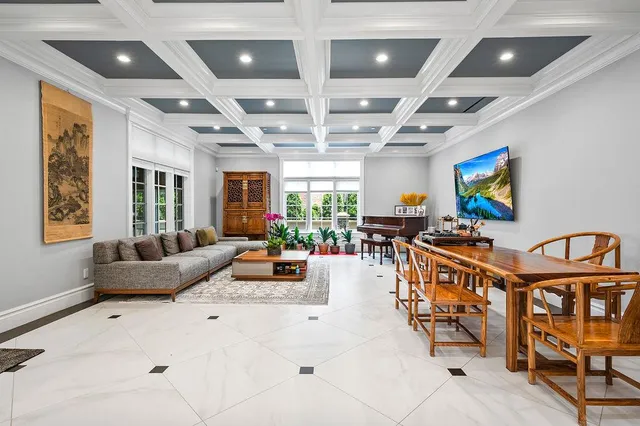 a living room with furniture a dining table and a potted plant