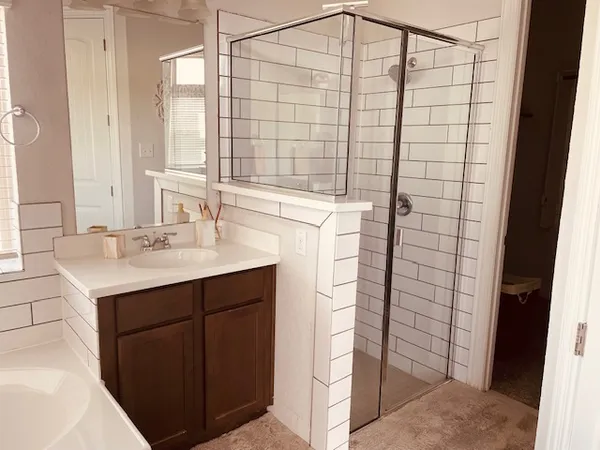 a bathroom with a sink a vanity and a shower